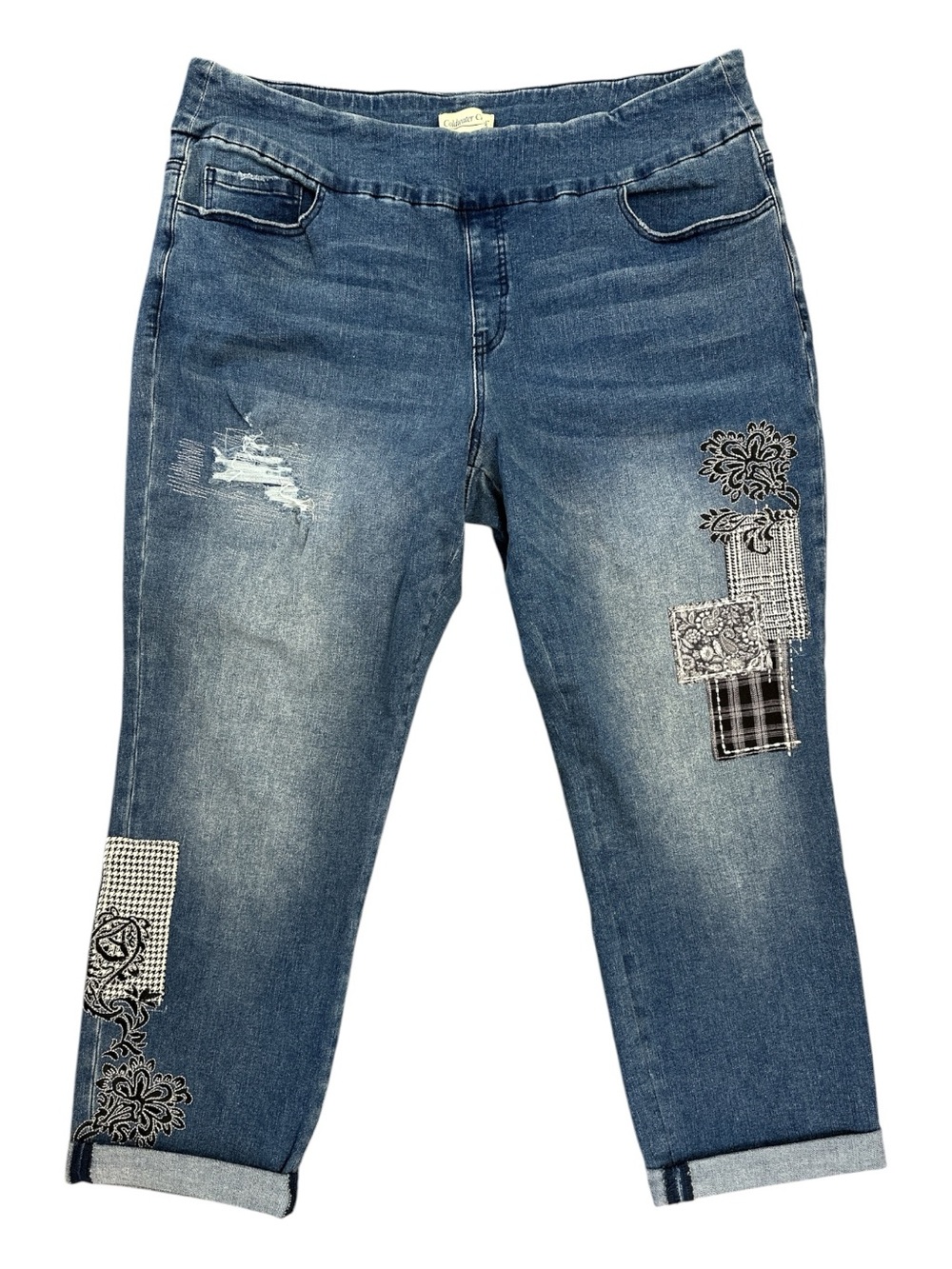 Coldwater Creek 18W Denim Jeans, Patchwork Black White Plaid, Floral, Distressed